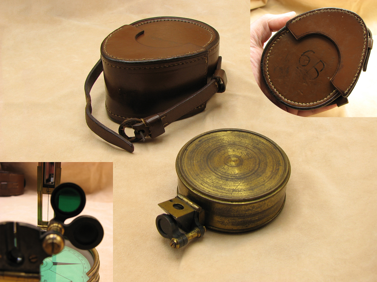 Mid 19th century prismatic sighting compass in leather case 